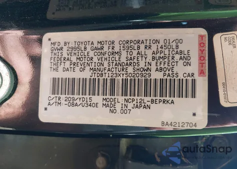 2000 Toyota Echo from USA, damaged, VIN JTDBT123XY5020929